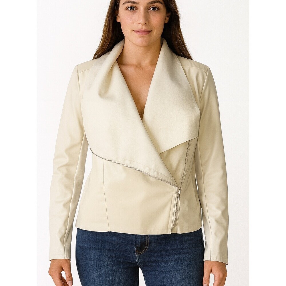 Cream/Vanilla colored jacket pleather draped open front asymmetrical zip SZ Sm